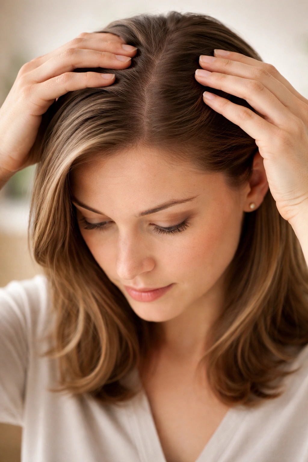 Portrait touching scalp illustrating alopecia causes