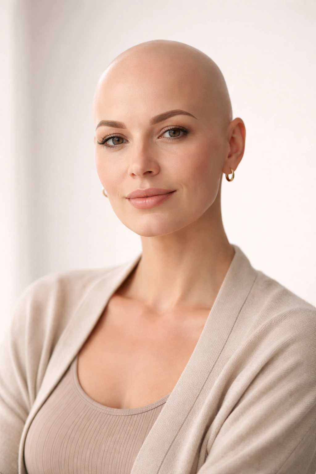 Confident person with alopecia in studio portrait