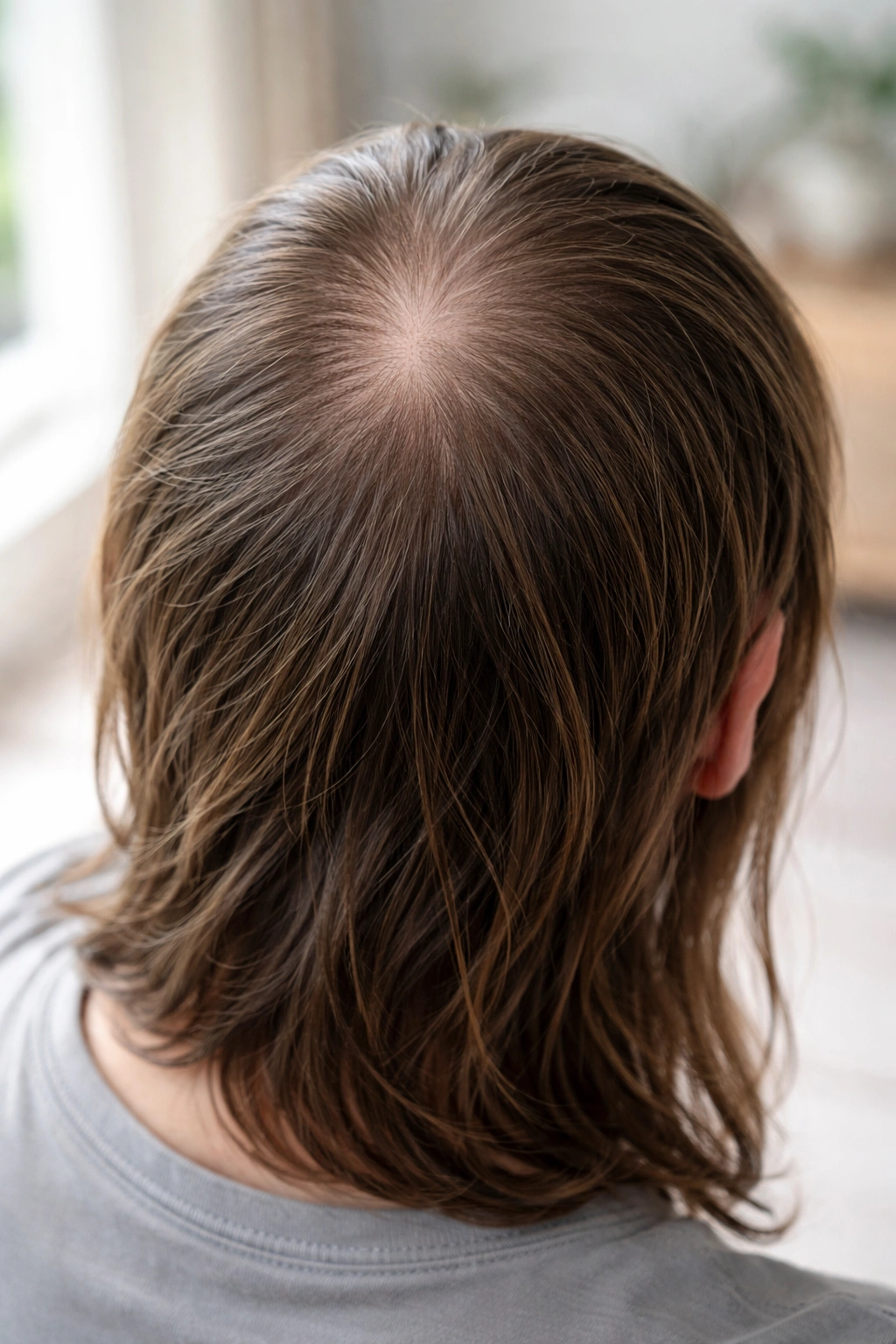 Person with diffuse crown thinning indicating nonscarring alopecia