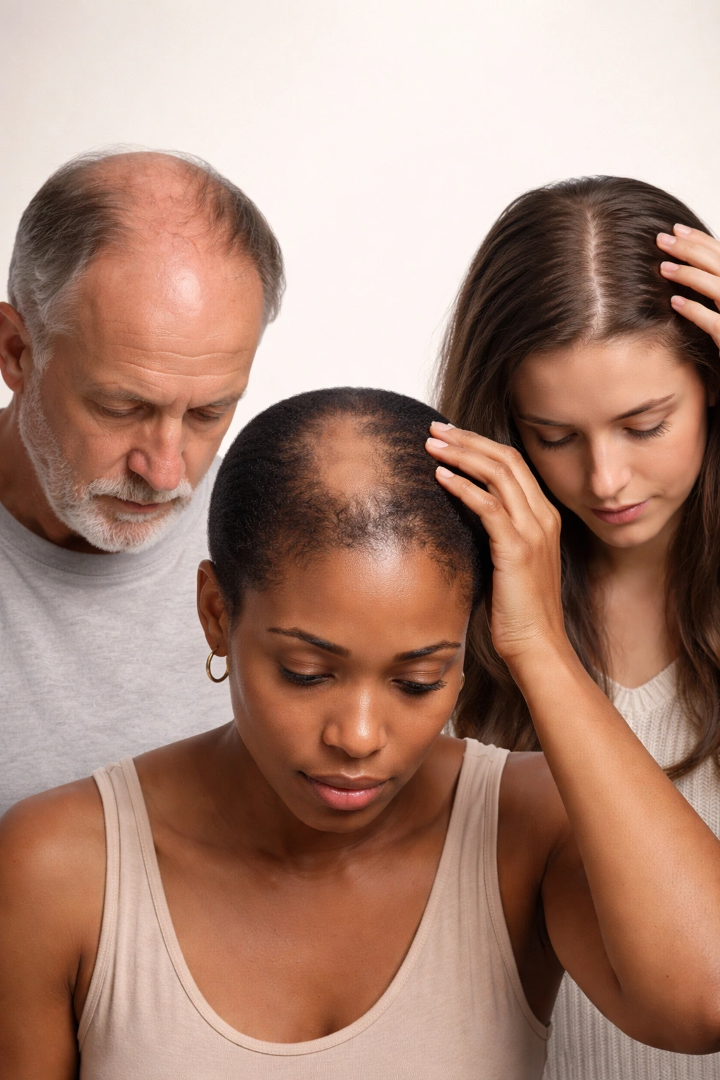 Portraits of diverse individuals with alopecia in a neutral studio