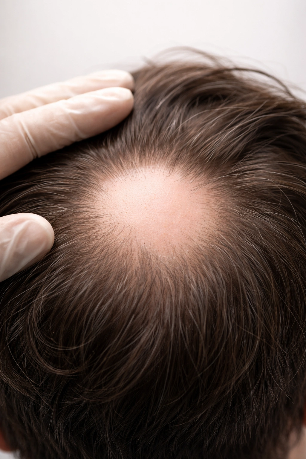 Scalp with round bald patch showing non-genetic hair loss