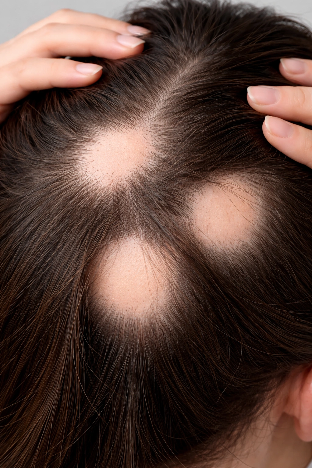 Close-up scalp with smooth, bald patches indicating alopecia areata