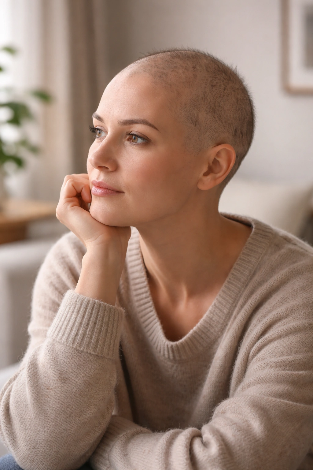 Person with alopecia shows subtle hair regrowth under soft light