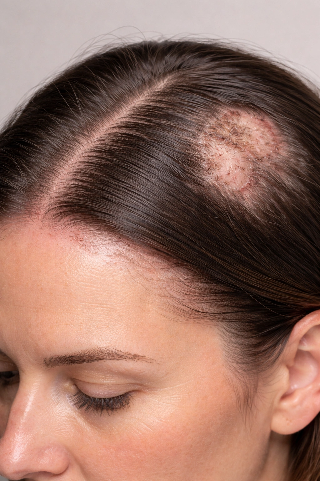 Scalp with patchy hair loss and scar tissue indicating scarring alopecia