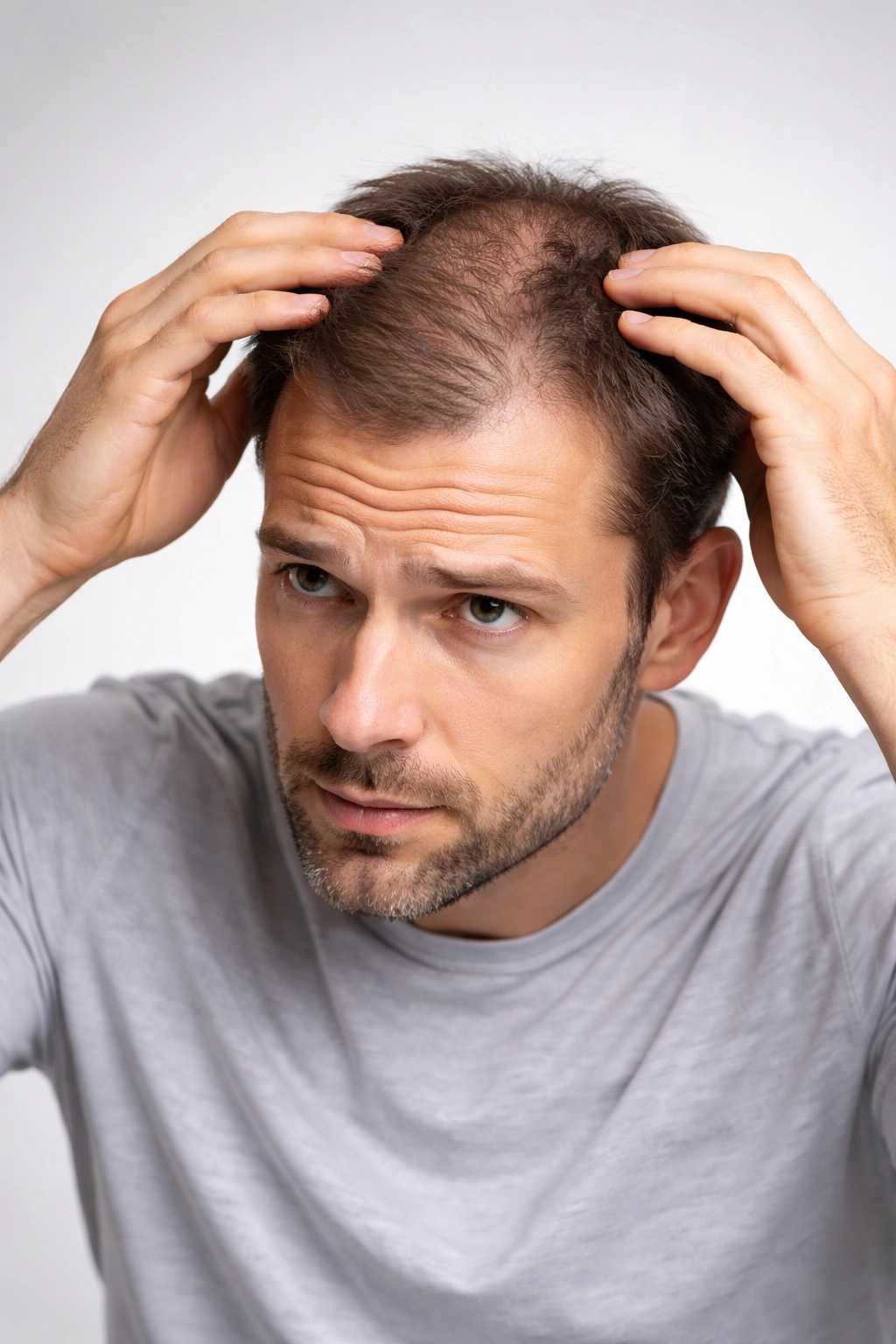 Person with crown thinning and receding hairline demonstrating signs