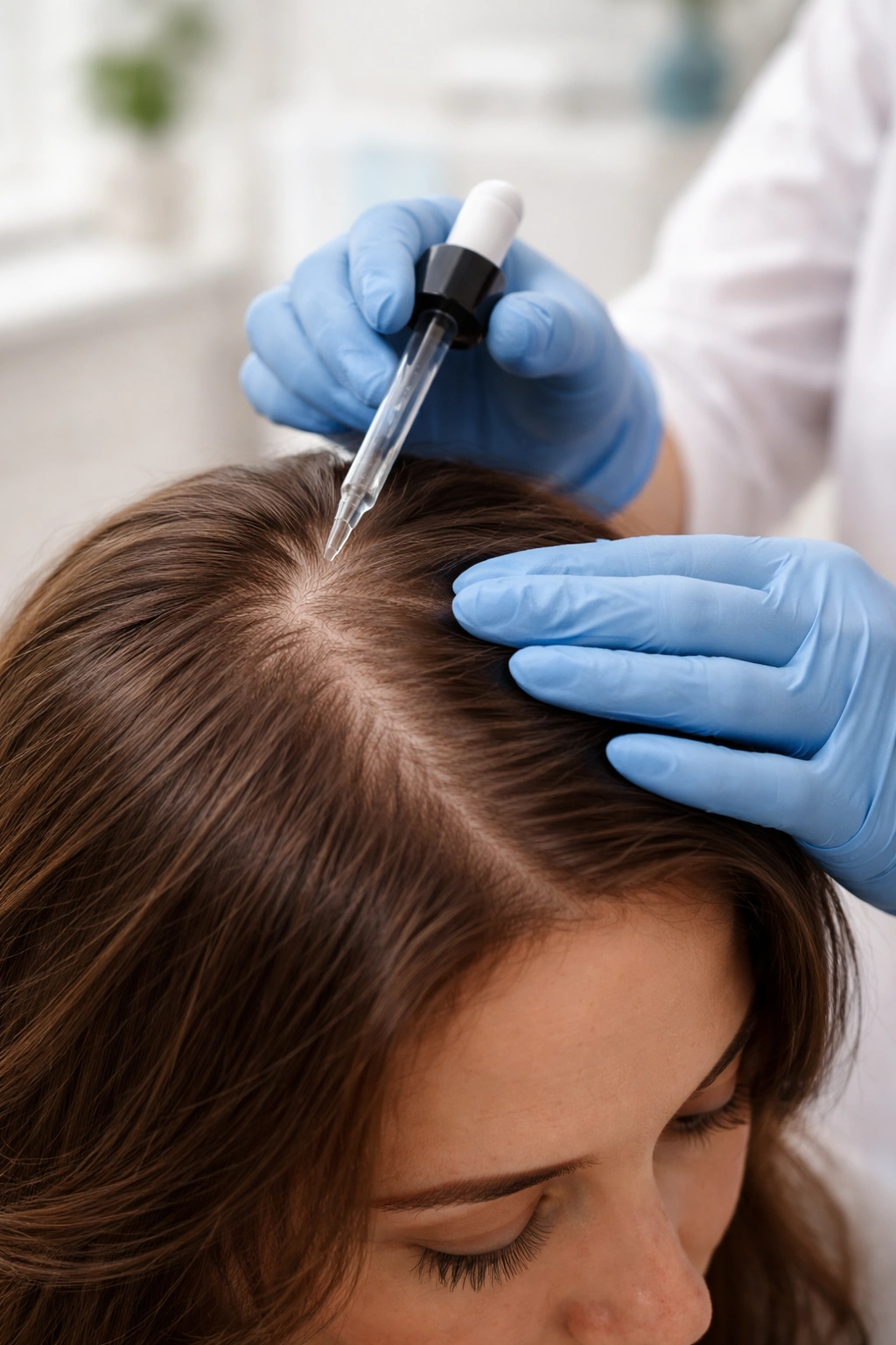 Clinician applying scalp treatment to patient in clinic