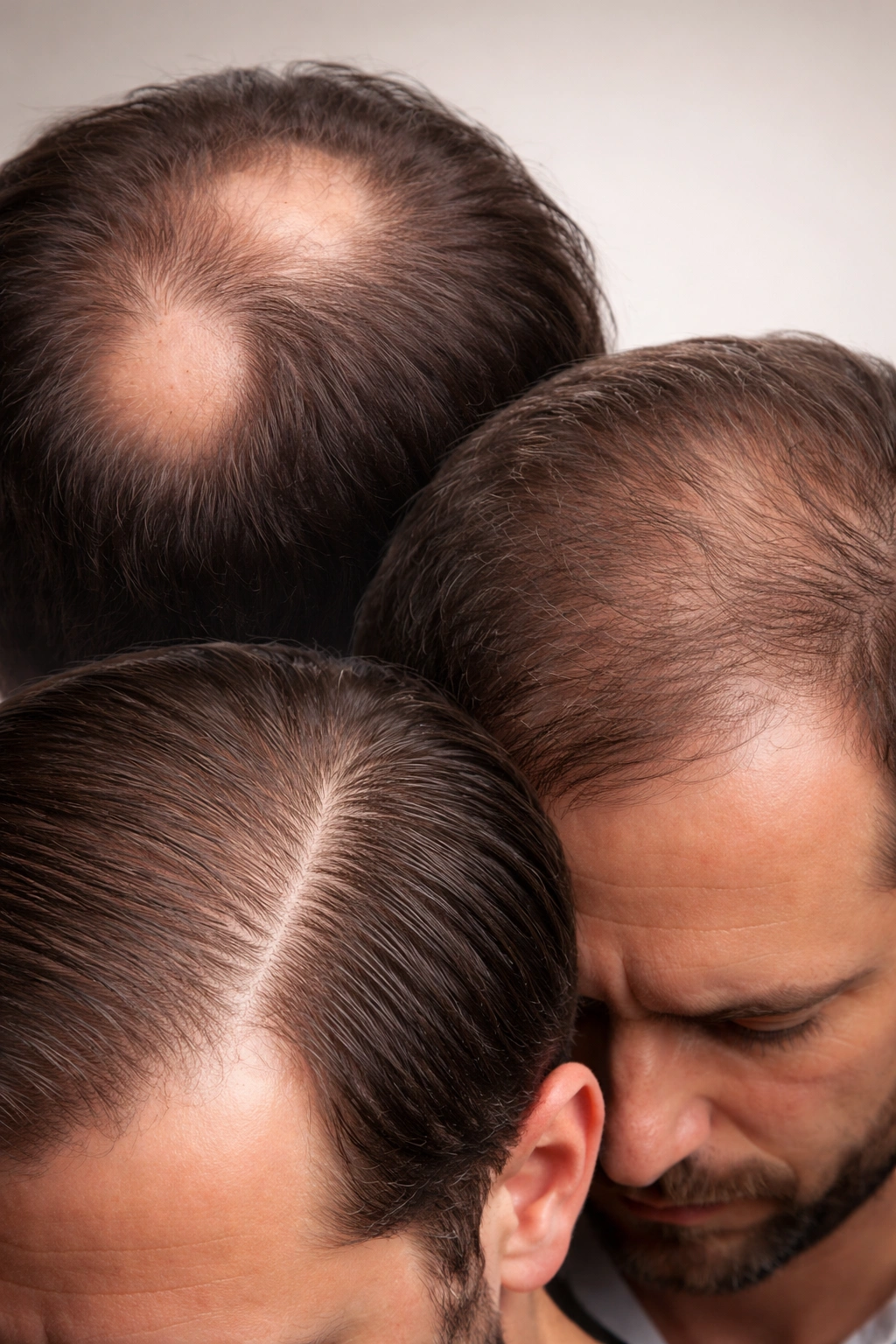 Close-up of scalp with patchy bald spots and thinning areas showing hair loss patterns