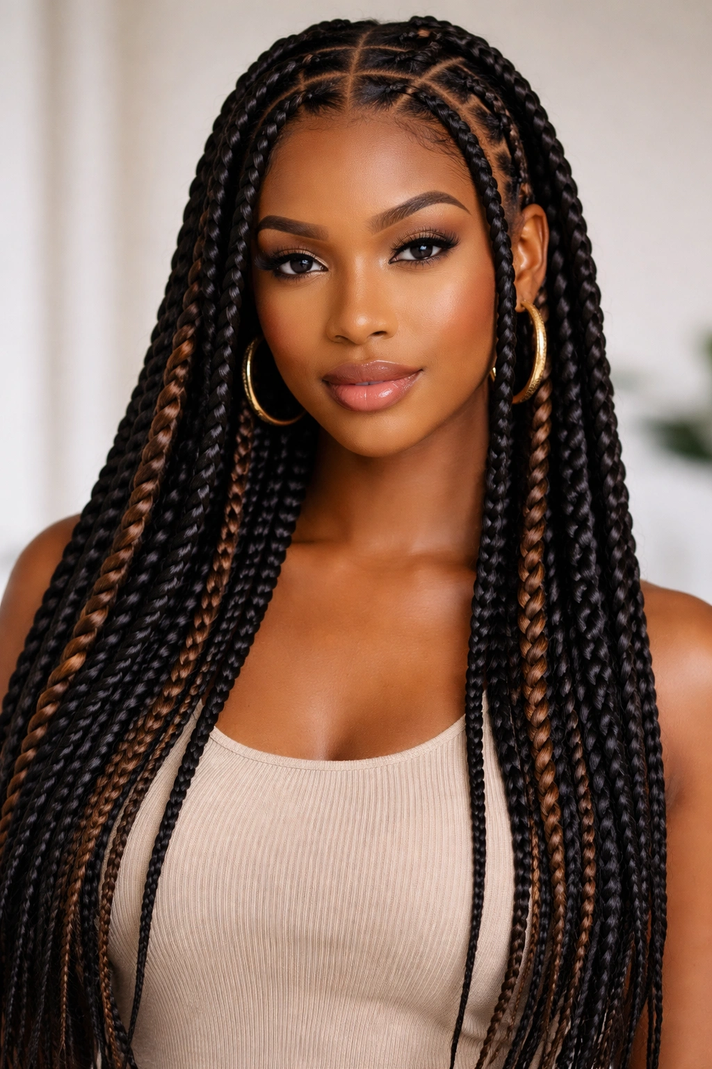 Knotless braids alternating thick and thin sections across the scalp