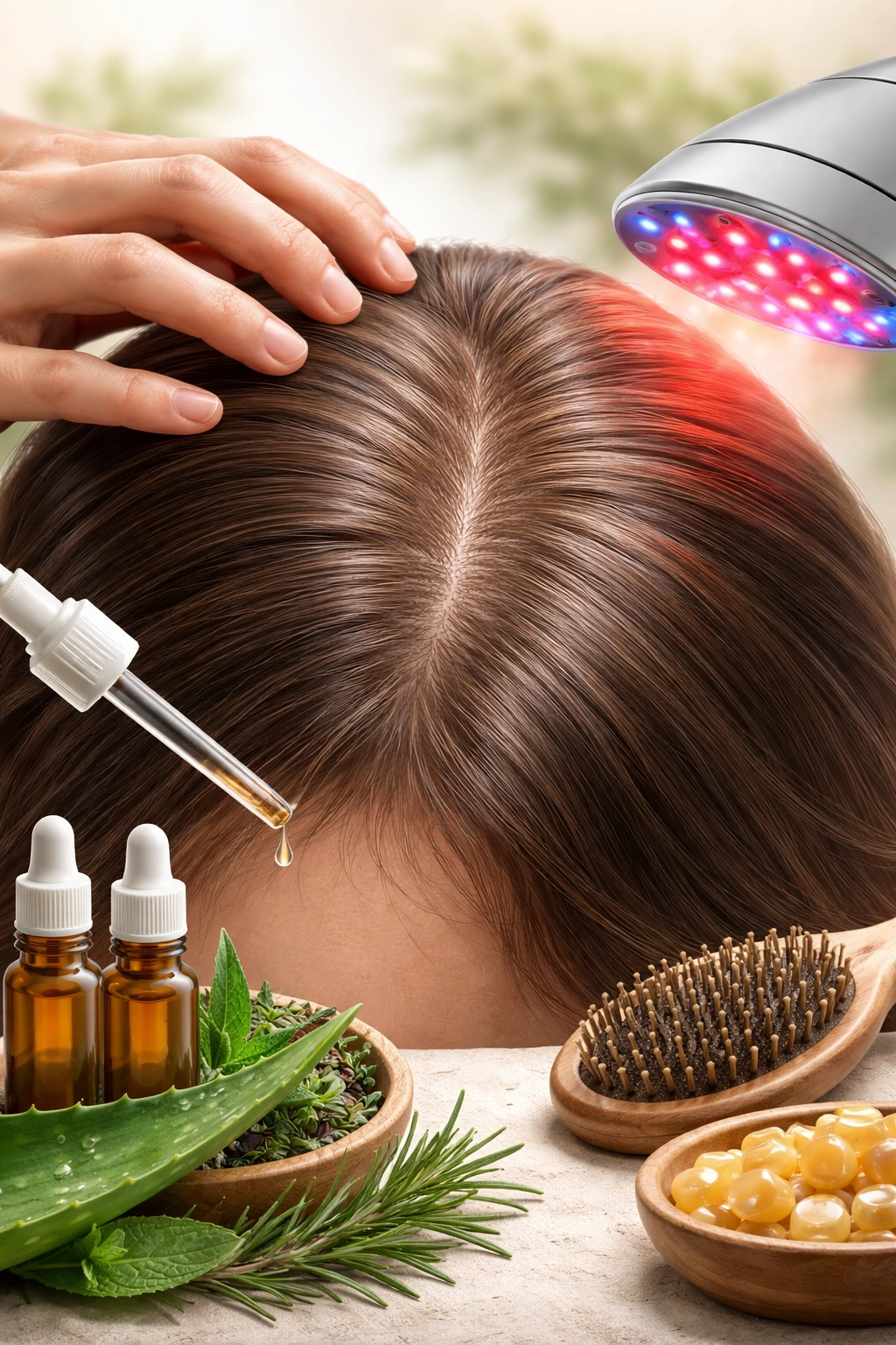 Close-up scalp with varied hair density suggesting complementary hair health approaches.