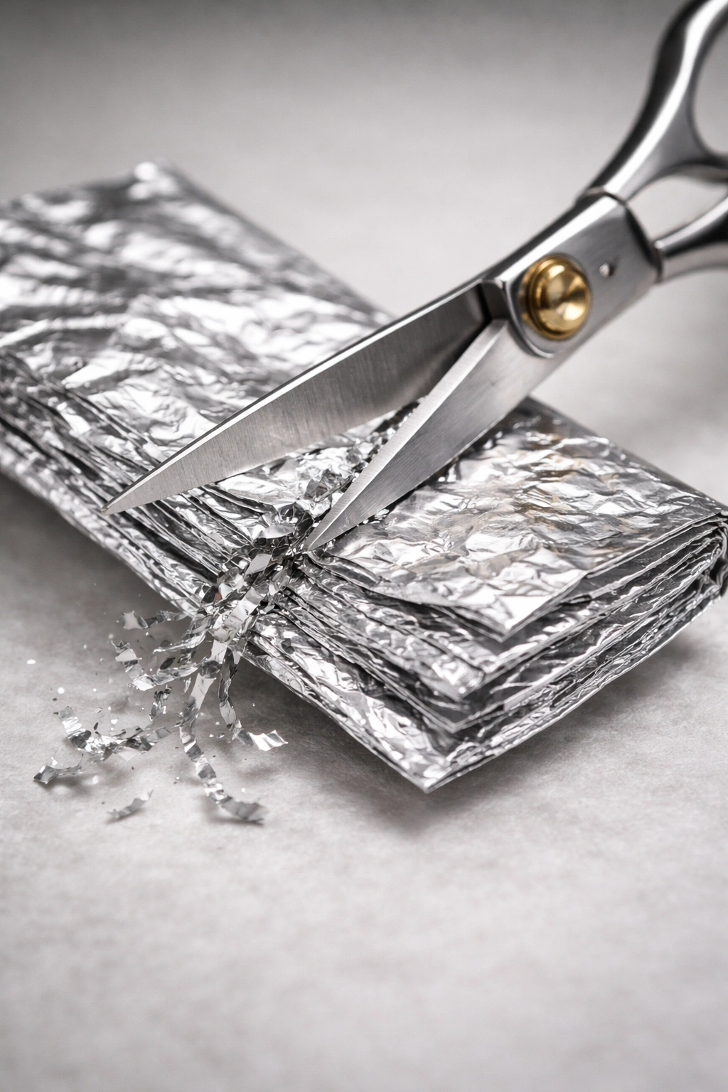 Scissors cutting folded aluminum foil to hone blade edge