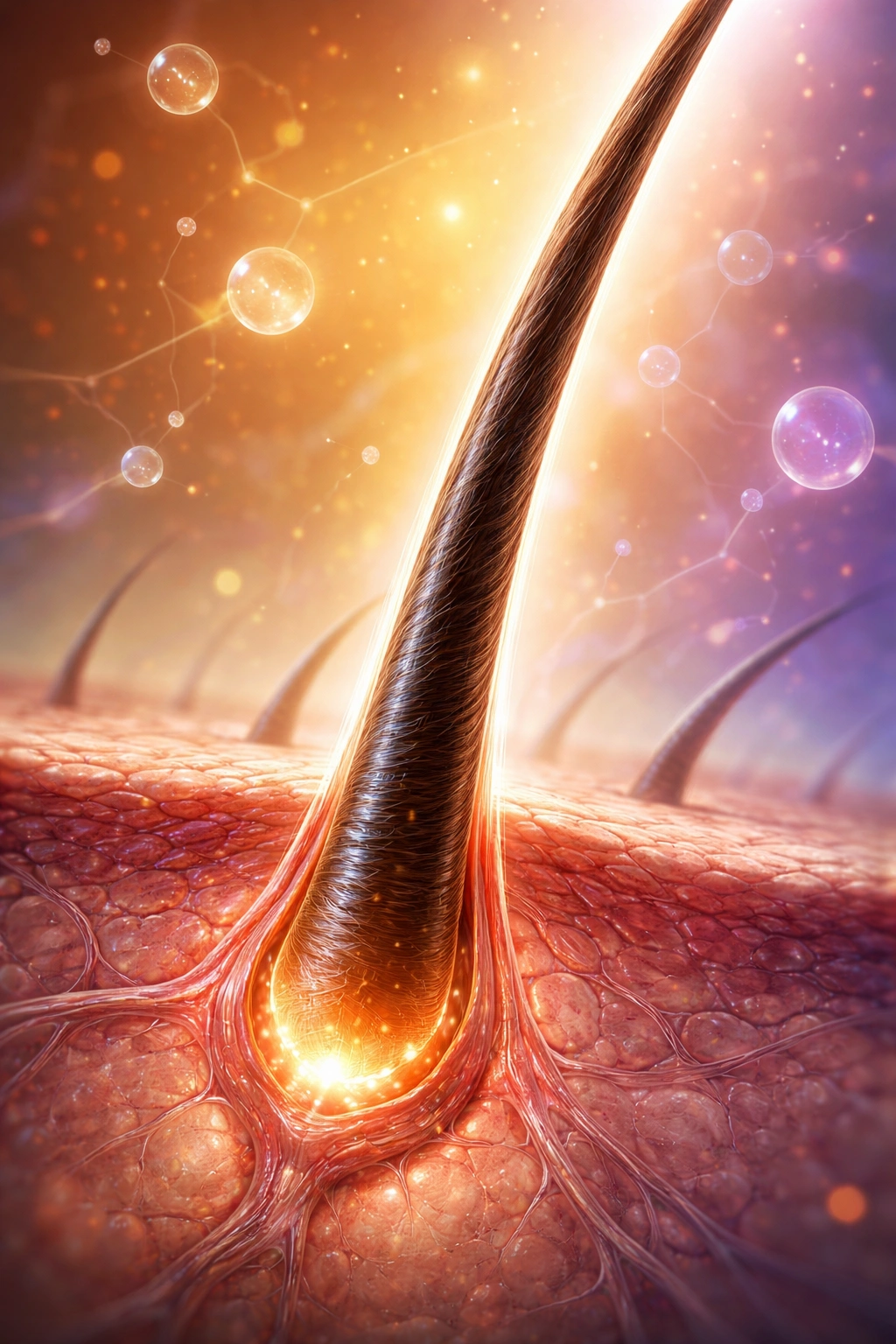 Hair follicle in anagen phase with background gradient suggesting hormonal influence