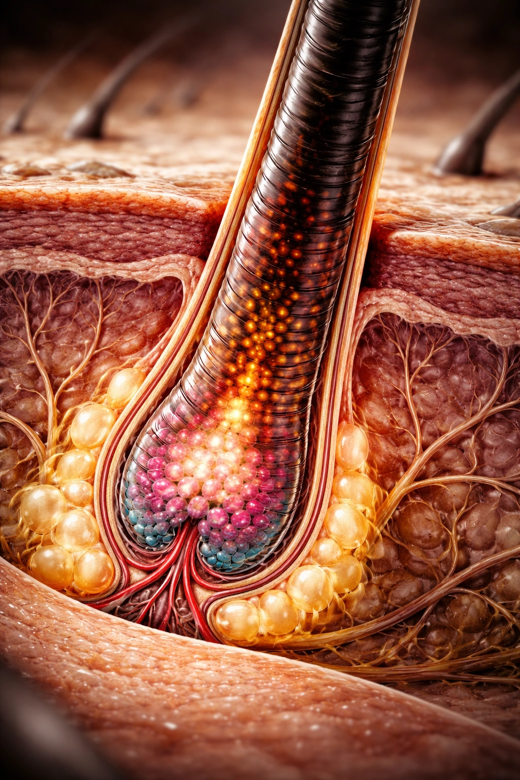 Cross-section of hair follicle during anagen showing active growth and pigment deposition
