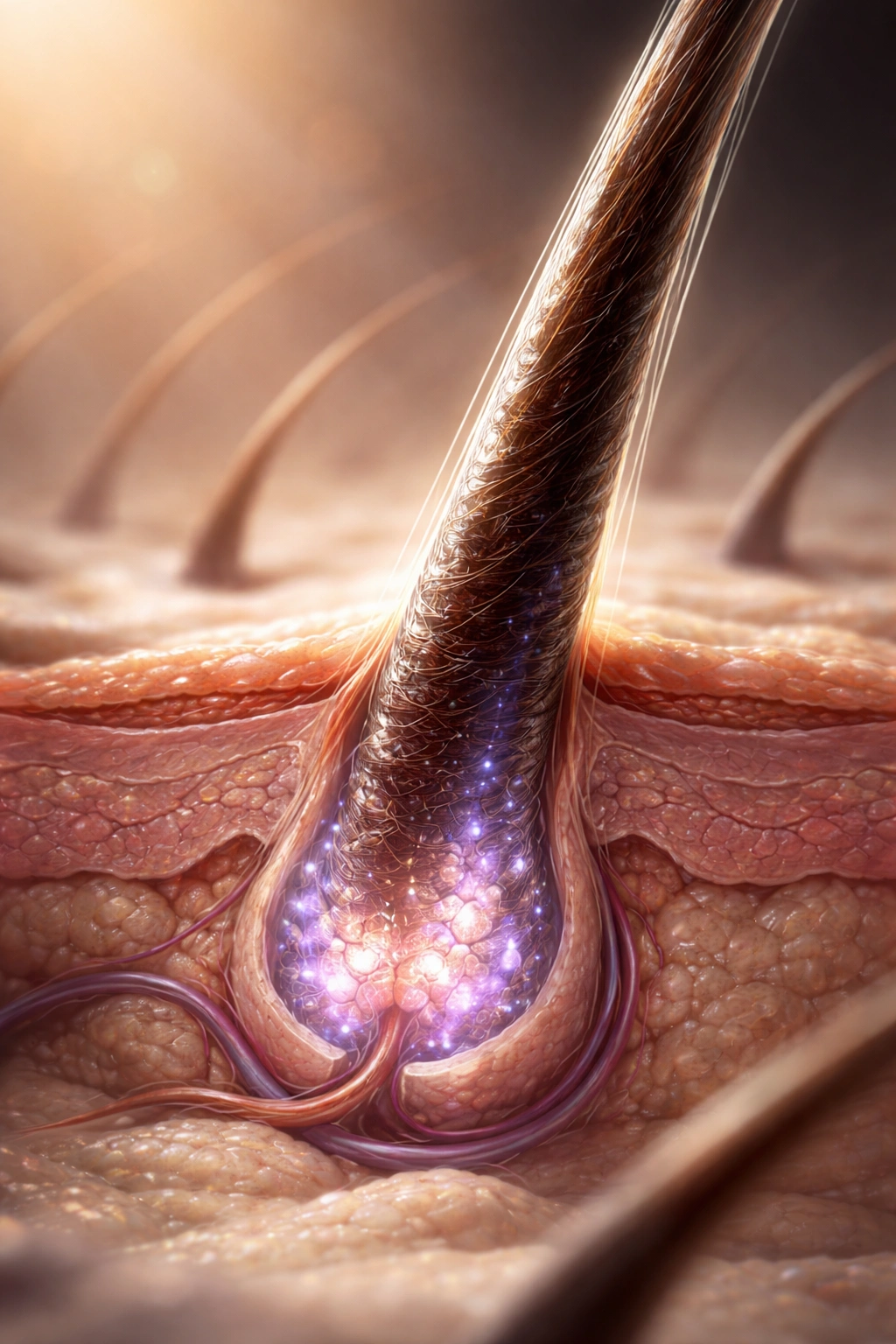 Close-up of a single hair follicle in the anagen phase actively growing from the scalp