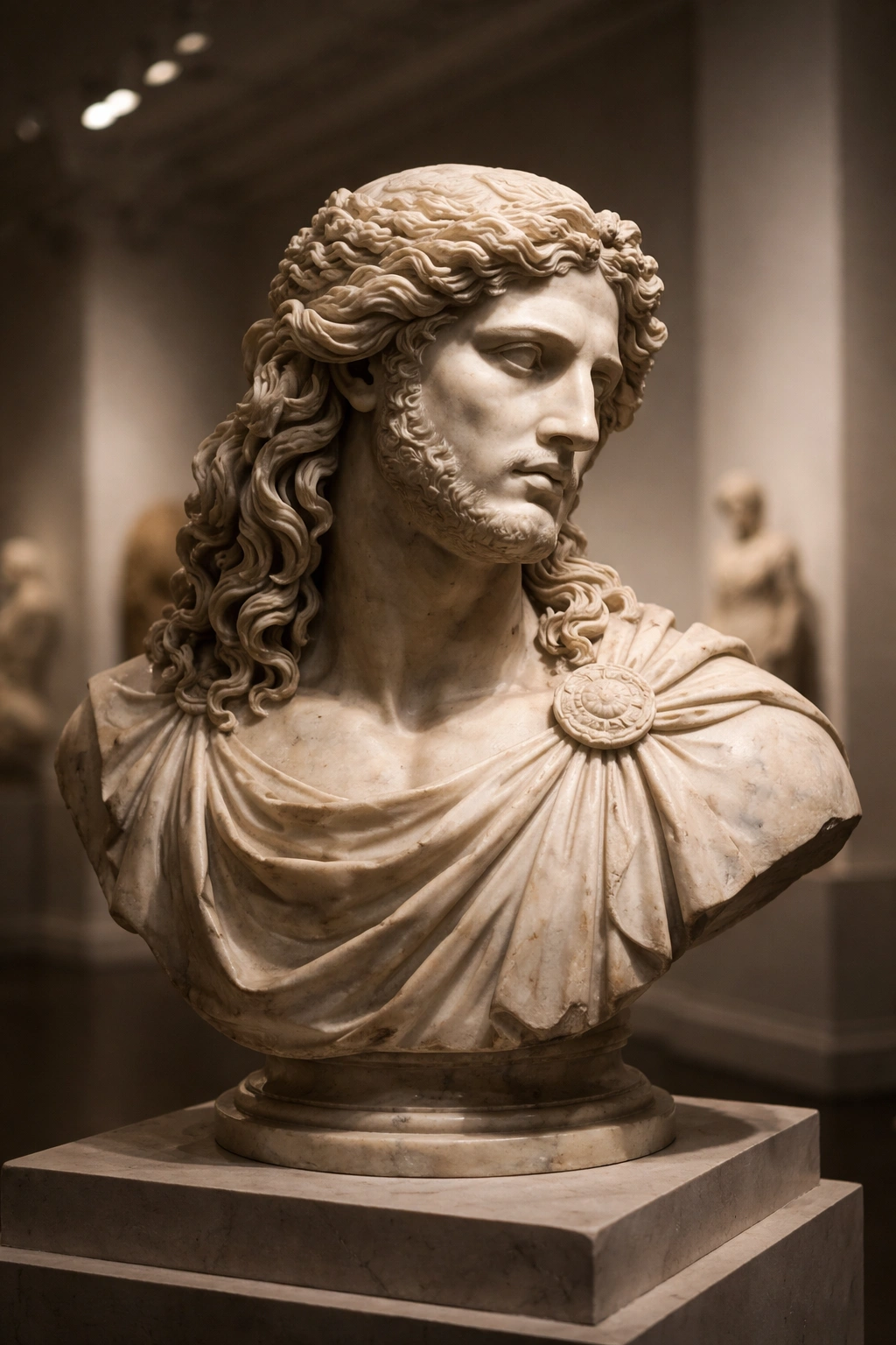 Marble Greek bust with long textured hair in a museum setting