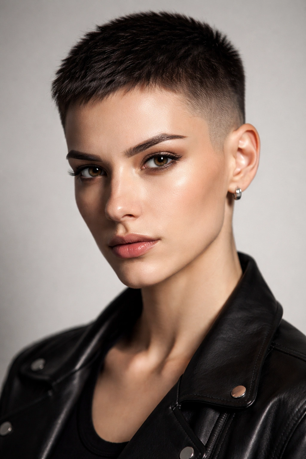Portrait of a model with an androgynous crop featuring a very short top and shaved sides