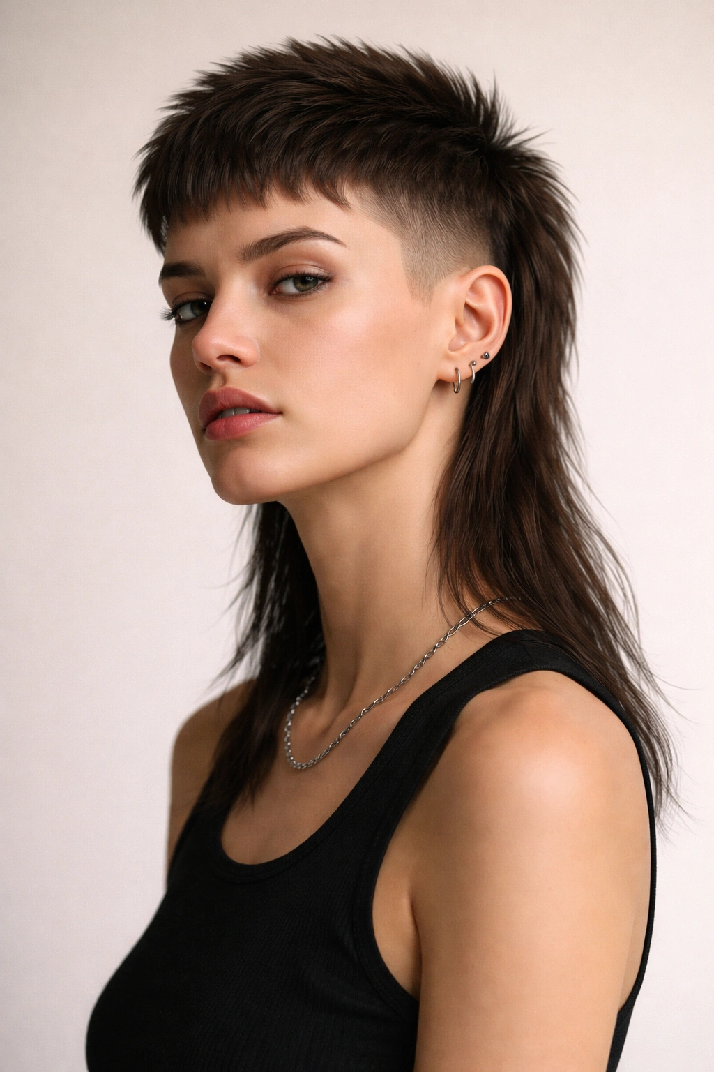 Portrait of a minimal, androgynous cropped mullet undercut with shoulder-length back