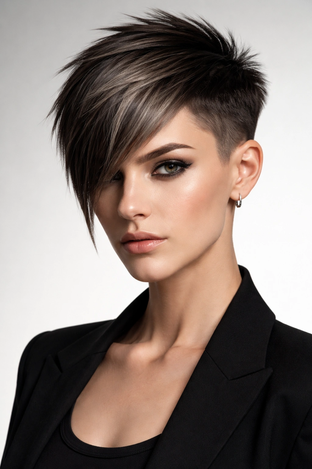 Portrait of a person with a sharp, geometric pixie featuring strong asymmetry