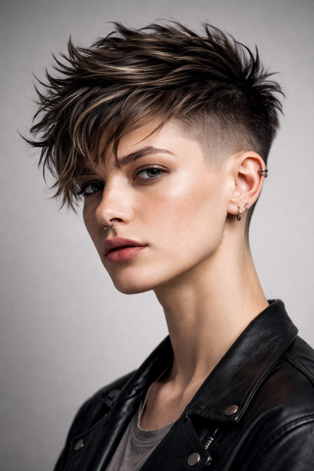 Close-up portrait of a person with an androgynous haircut showing contrast between shaved side and textured top