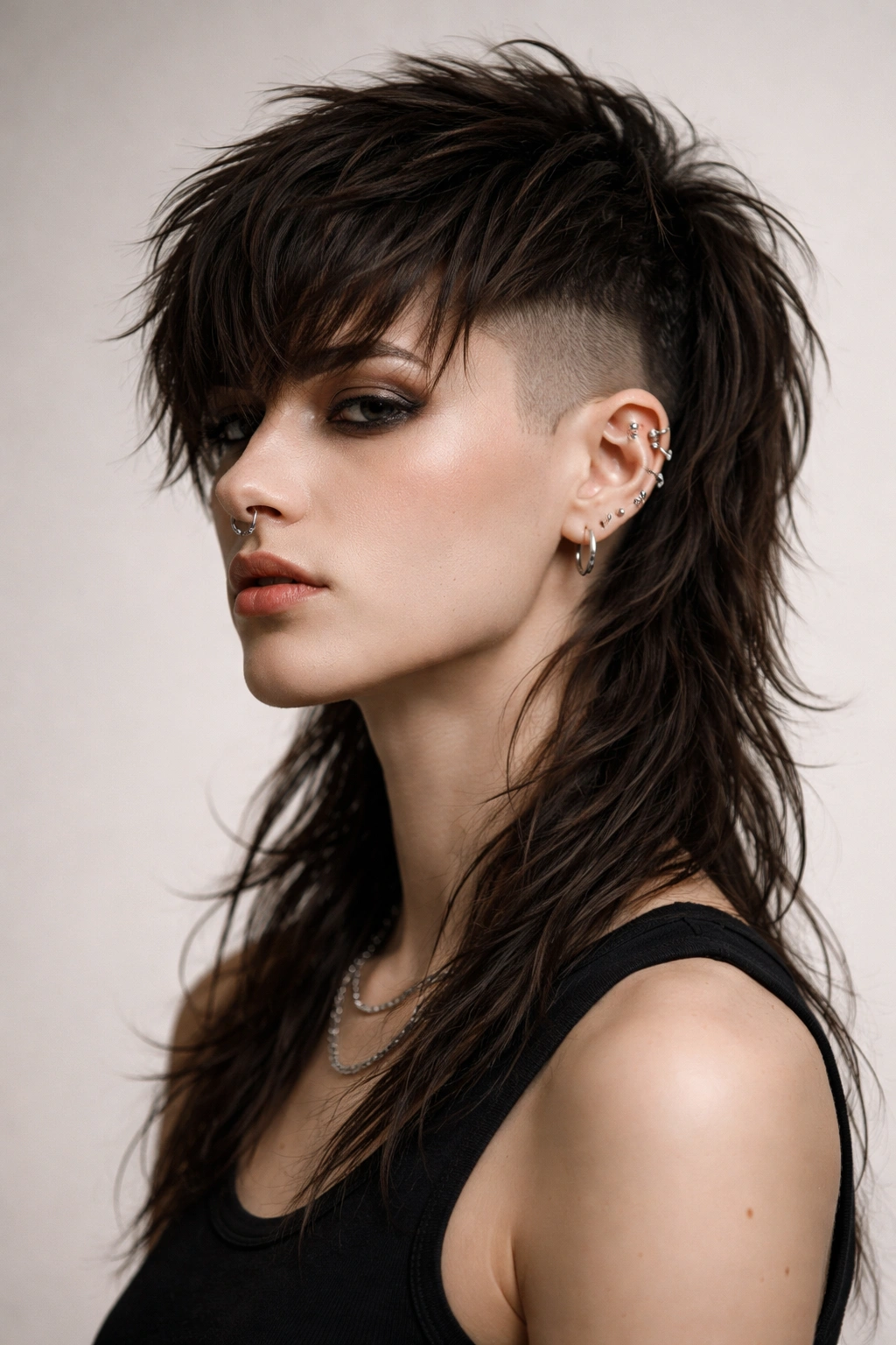 Full-head portrait of an androgynous mullet shag with undercut sides and long layered back.