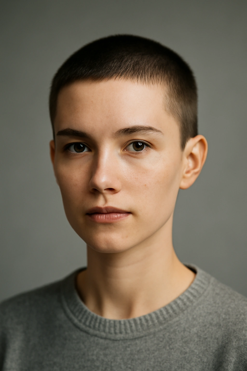 20 Pixie Styles Ranging From Classic To Edgy 13 Close-up portrait of a person with a blunt ultra-short pixie cut in an androgynous style