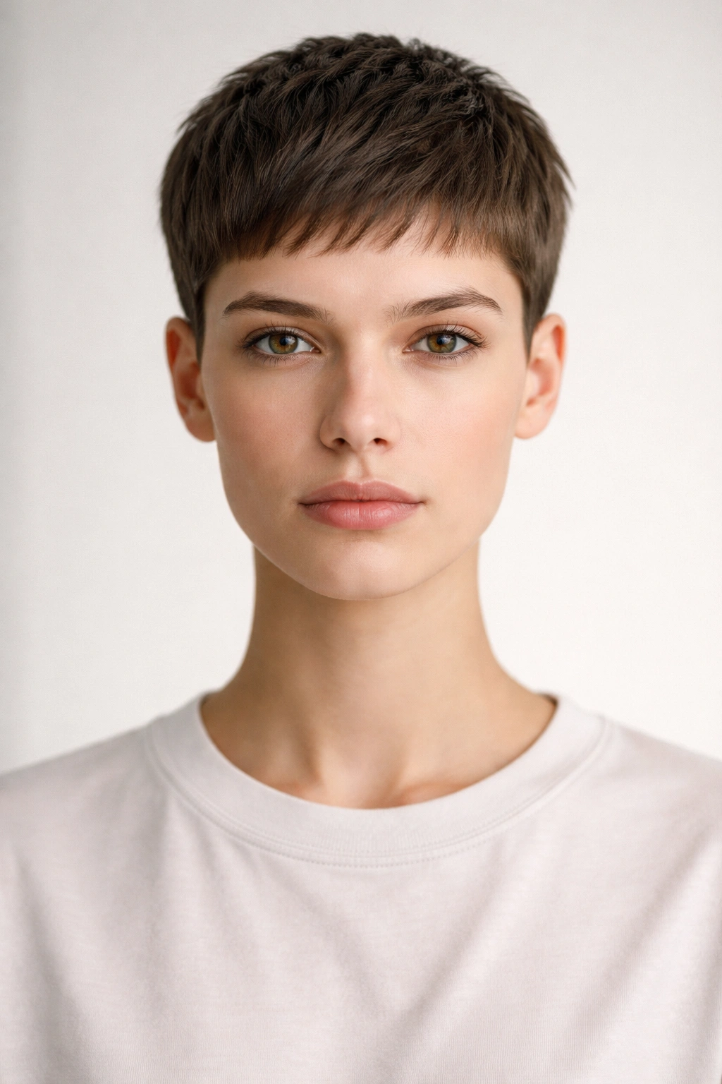 Androgynous pixie cut with clean, uniform length all around