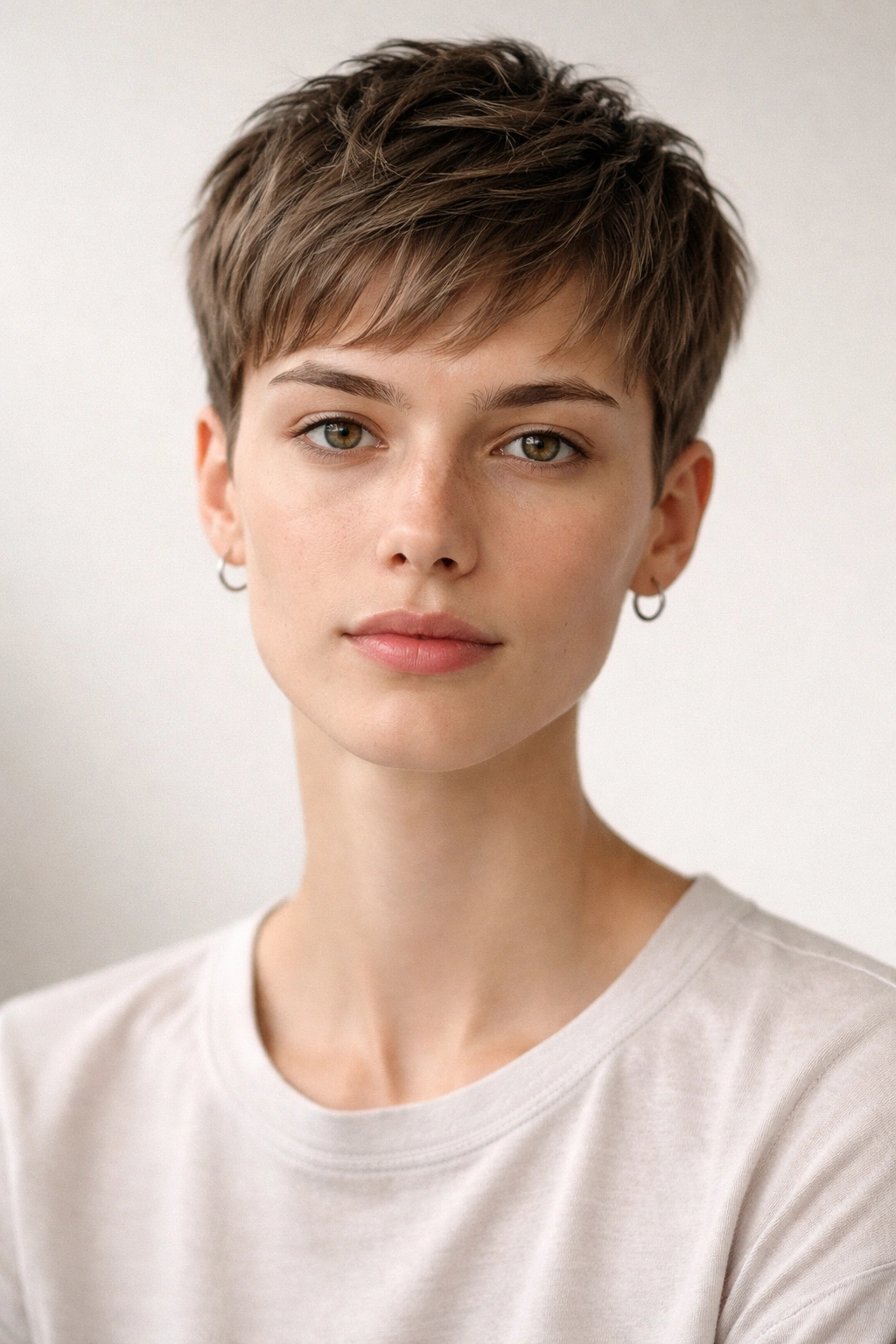 15 Versatile Long Pixie Cuts For Everyday Wear 15 Portrait of an androgynous gender-neutral pixie cut on a model in a clean studio.
