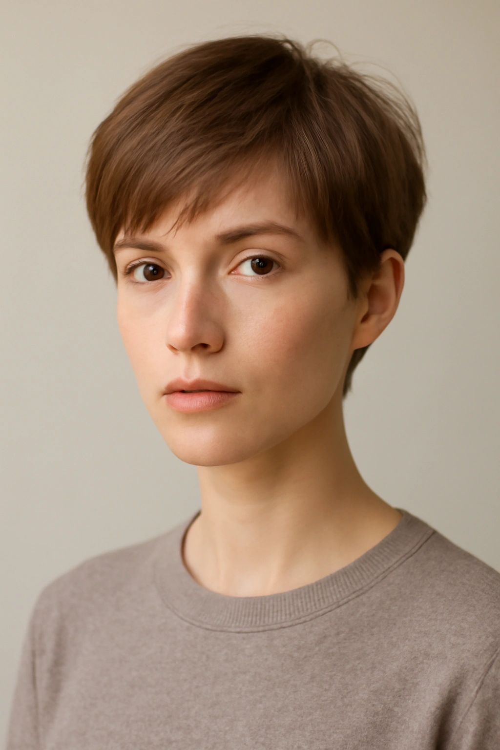 20 Pixie Cuts Sorted By Age And Face Shape 13 Close-up portrait of a person with a softly layered androgynous pixie haircut
