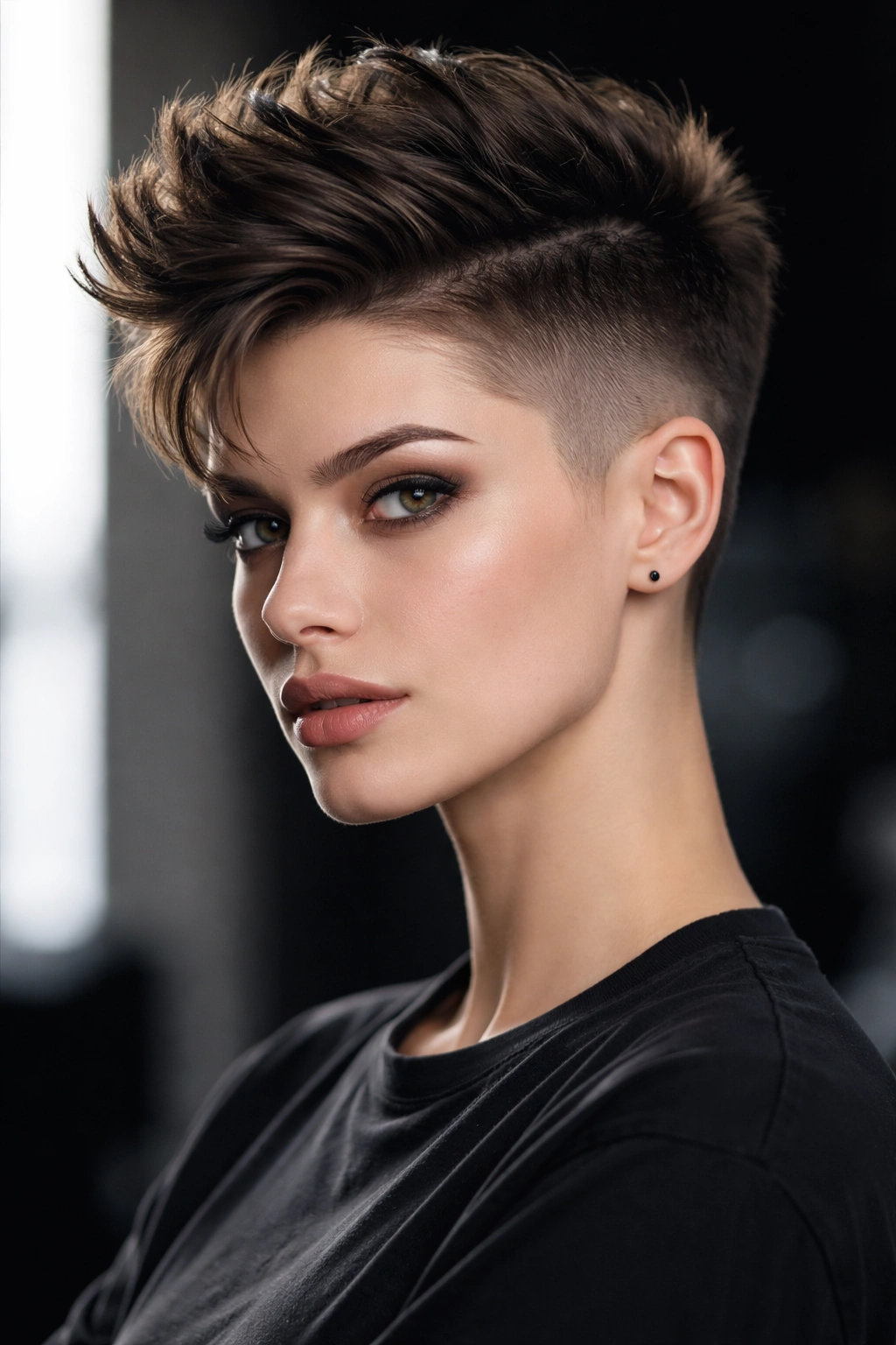 Portrait of a model with a long top pixie and shaved sides, dramatic contrast