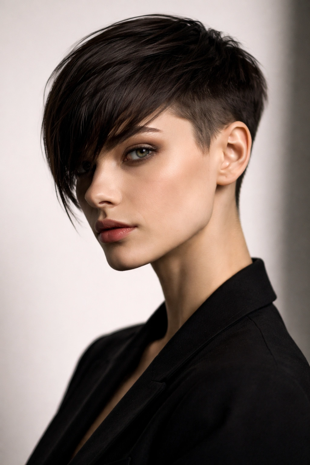 18 Pixie Cuts With Bangs For Any Face Shape 12 Portrait of The Androgynous Pixie with Longer Bangs showing architectural lines and cheekbone-grazing bangs.