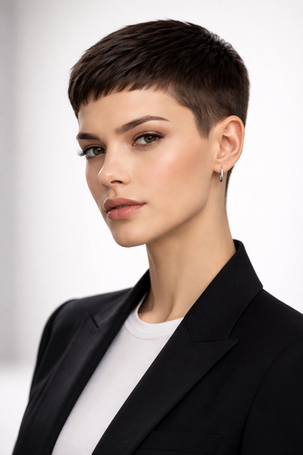 Close-up of a short, sleek androgynous pixie with polished edges and crisp lines