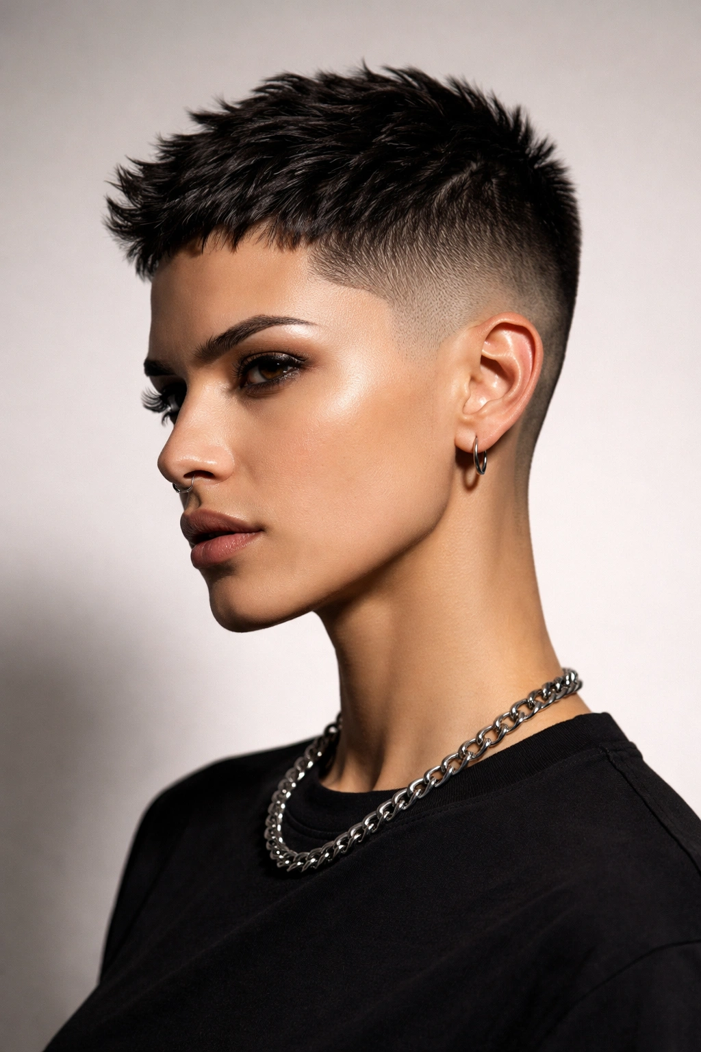 Bold portrait of an androgynous sharp pixie with shaved sides and minimal top