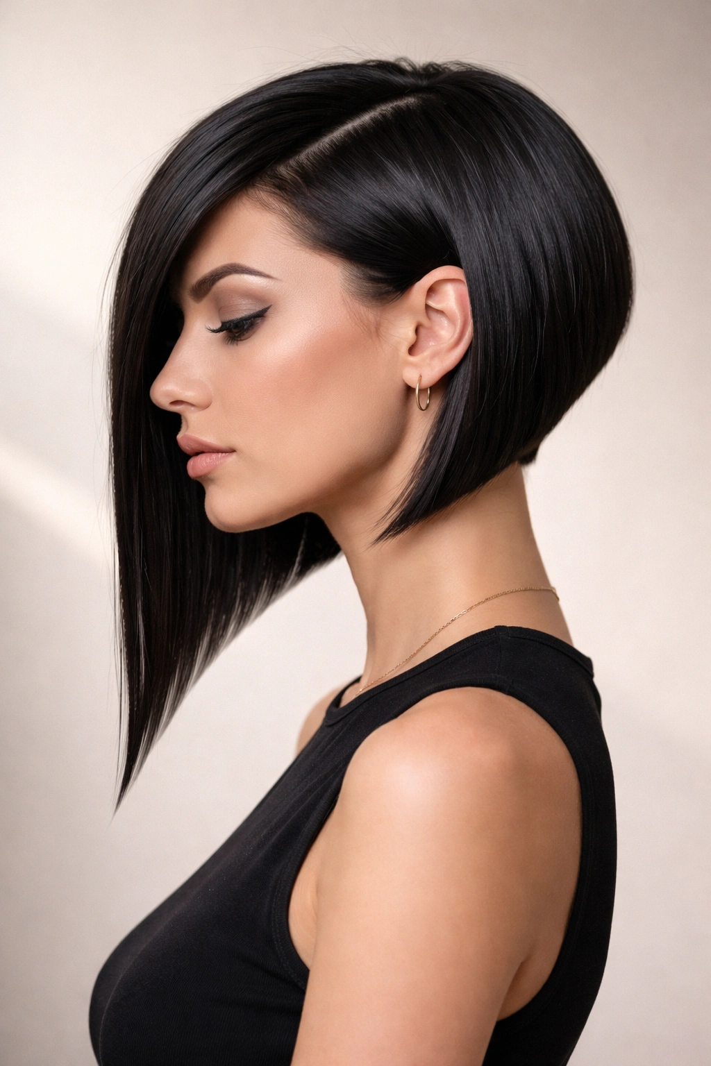 Geometric sharp angled asymmetrical bob with opposite lengths