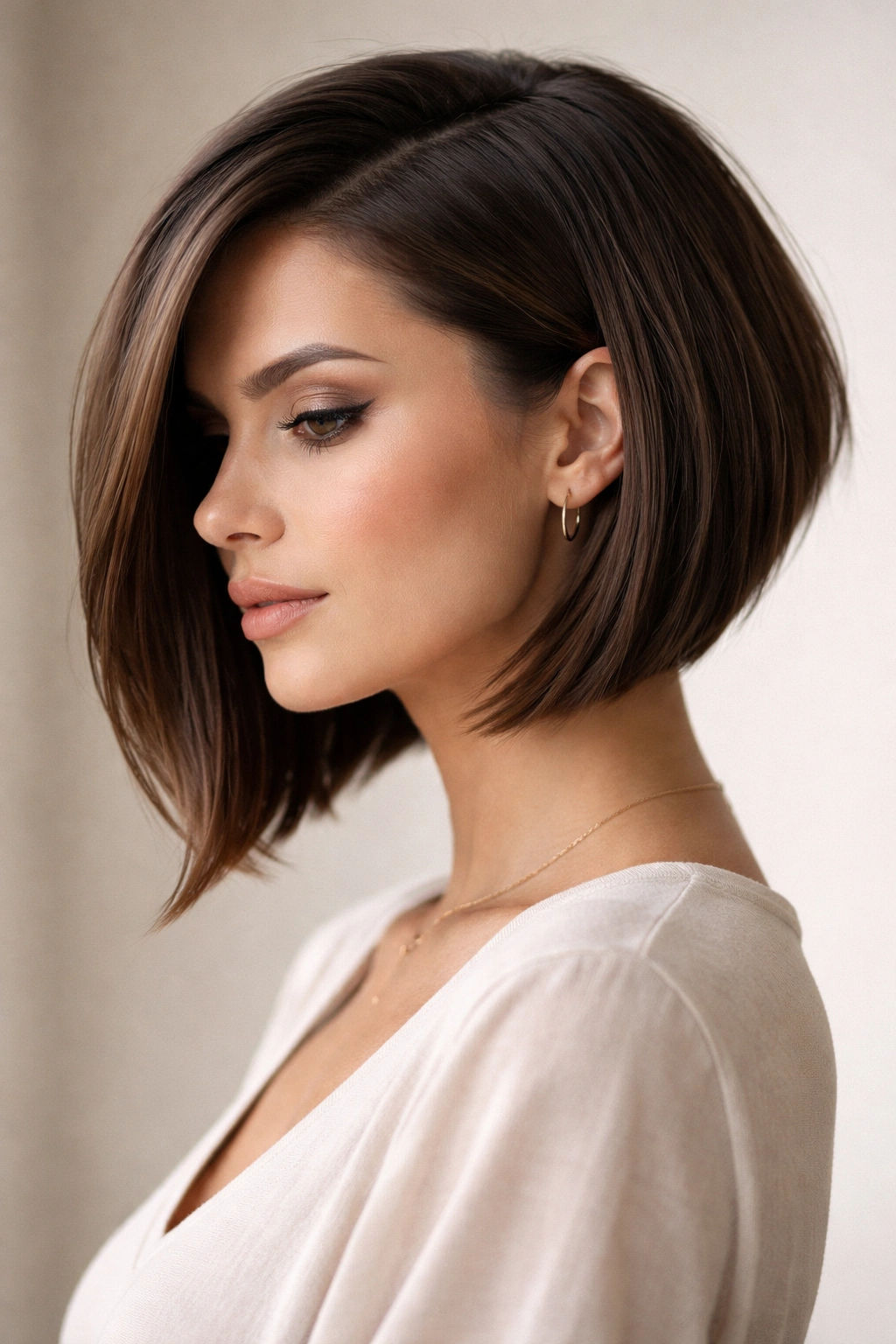 22 Bob Haircuts Flattering On Every Face Shape 3 Profile view of a model with an angled bob showing longer front and shorter back.