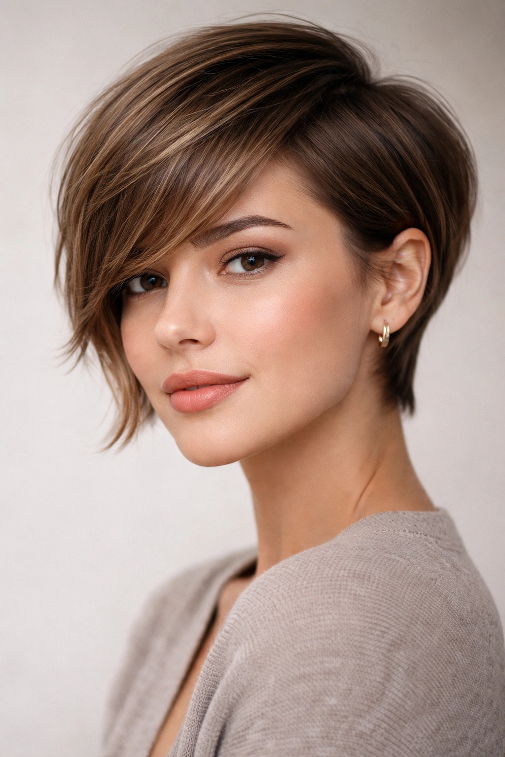 Angled bixie with longer side-swept bangs in a three-quarter view