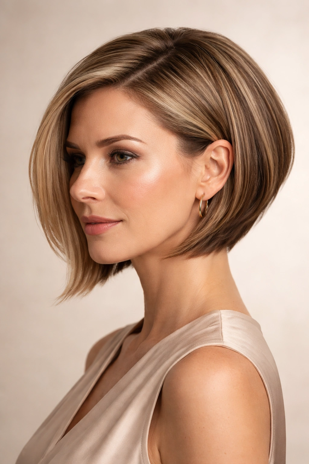 Angled bob with shorter back and longer front framing jawline