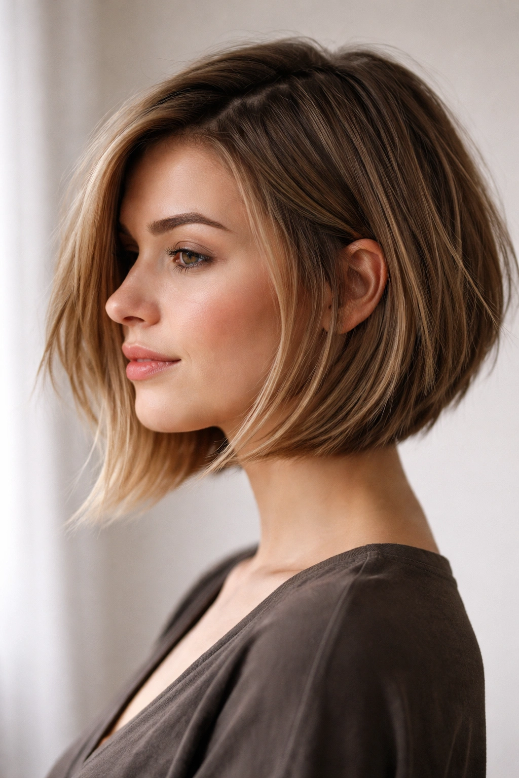 15 Hairstyles For Round Faces You Ll Want To Copy 9 Angled bob hairstyle with longer front and shorter back, showing textured layers
