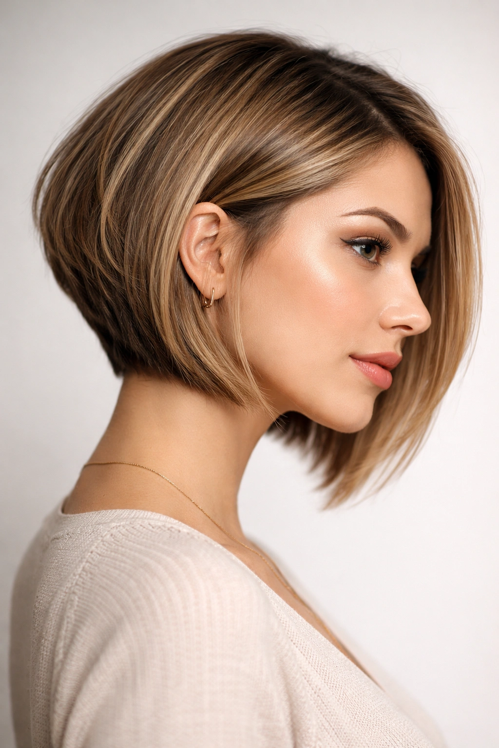 Portrait of angled bob with shorter back and longer front highlighting elongation and movement