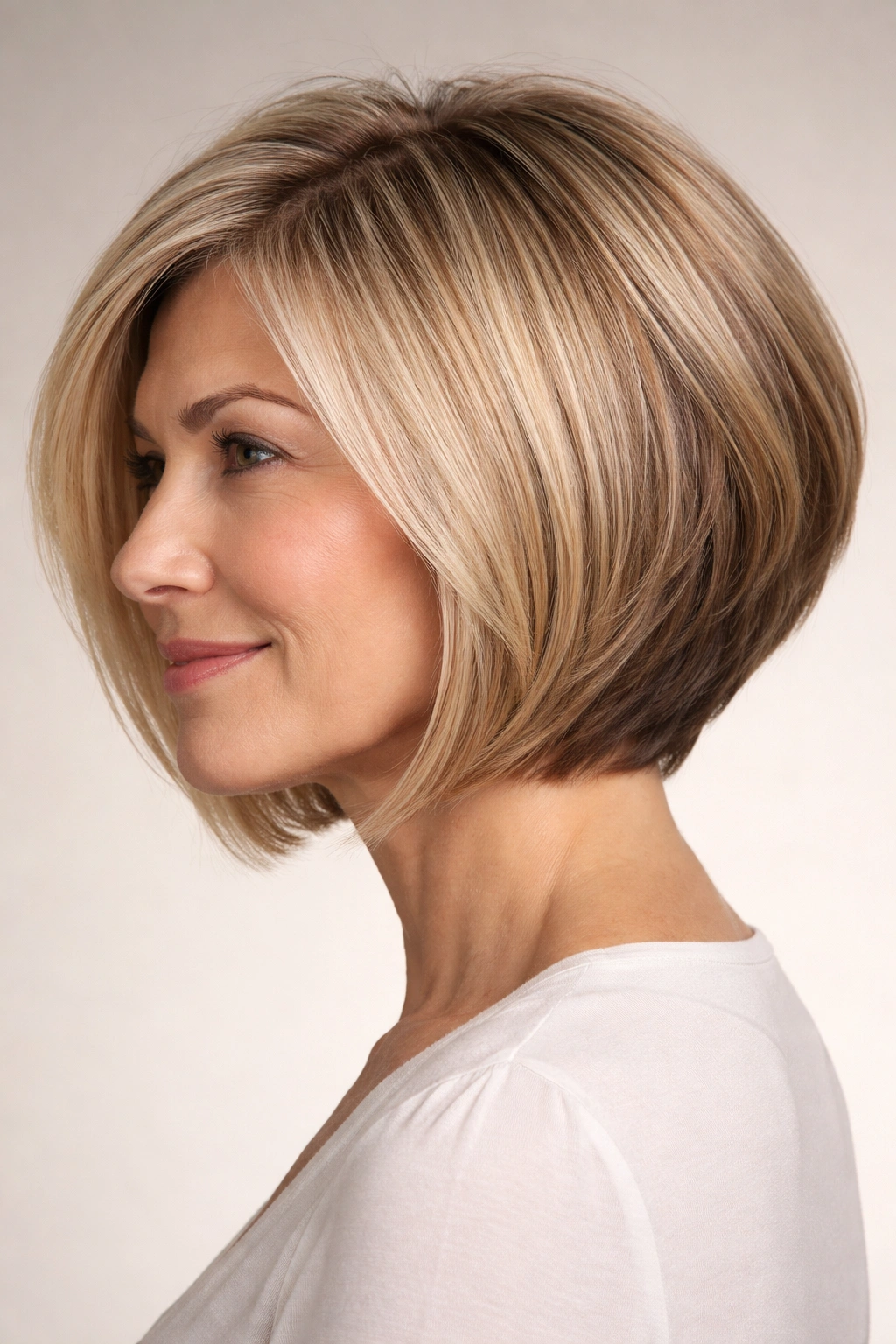 Angled bob with blended layers showing structured silhouette and texture