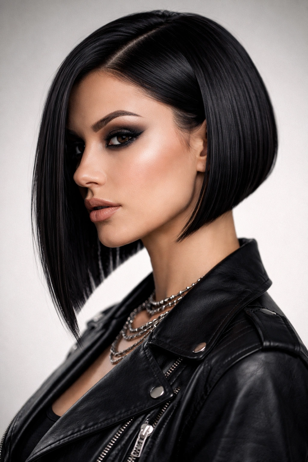 Portrait of a person with a razor-sharp angled bob and crisp diagonal line.