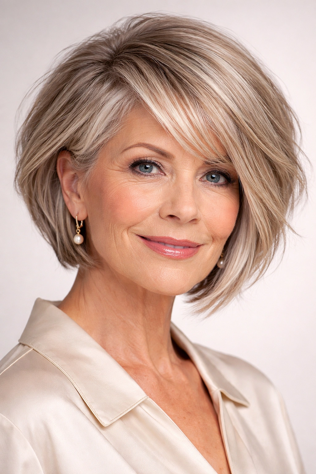 Close-up of a mature woman with an angled bob and choppy layers.