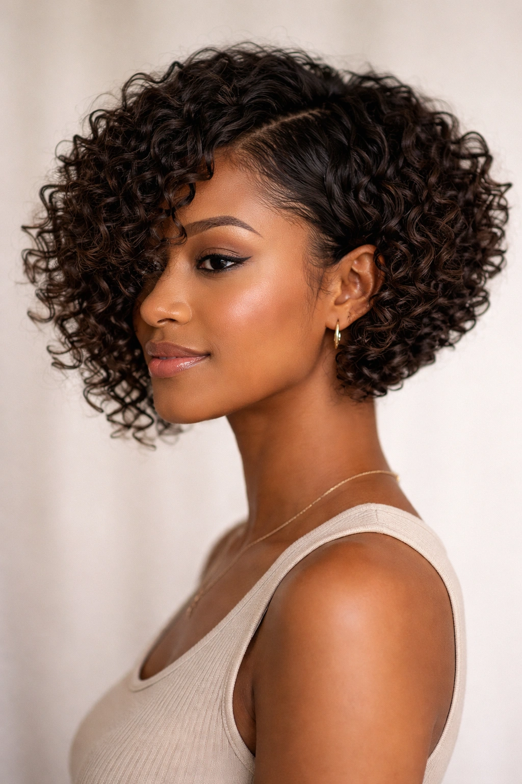 Close-up of angled bob on curly hair highlighting texture and shape