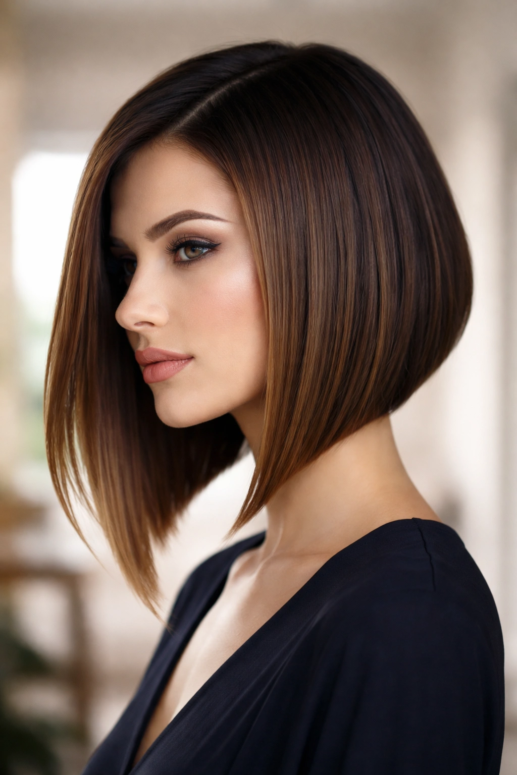 15 Sleek Medium Haircuts For Women With Straight Hair 5 Portrait of an angled bob with longer front pieces and a sharp diagonal line