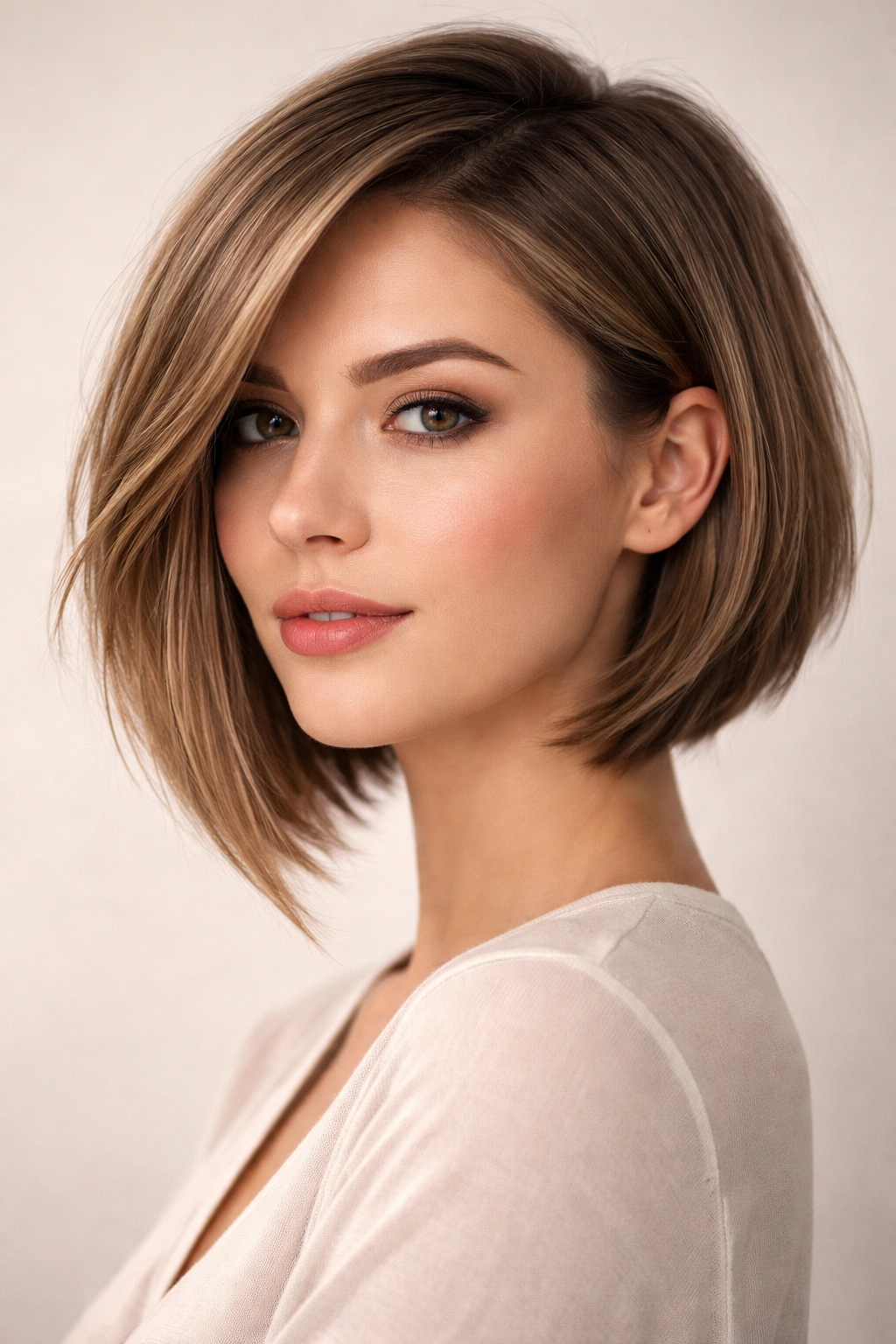 Close-up of an angled bob hairstyle with longer front pieces and textured layers.