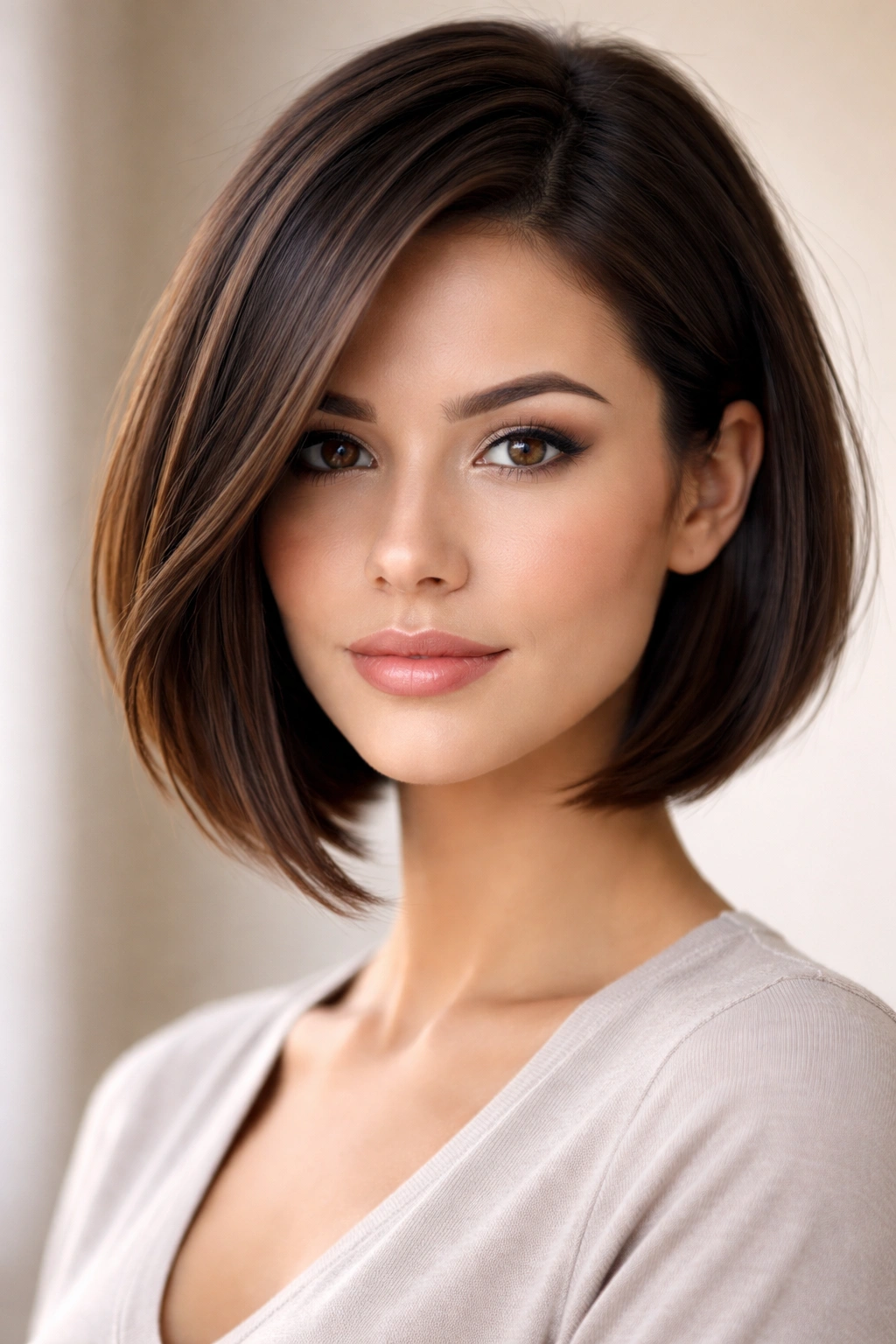 10 Short Haircuts That Help Control Frizzy Hair 8 Chin-length angled bob with front-forward pieces creating a face-framing silhouette