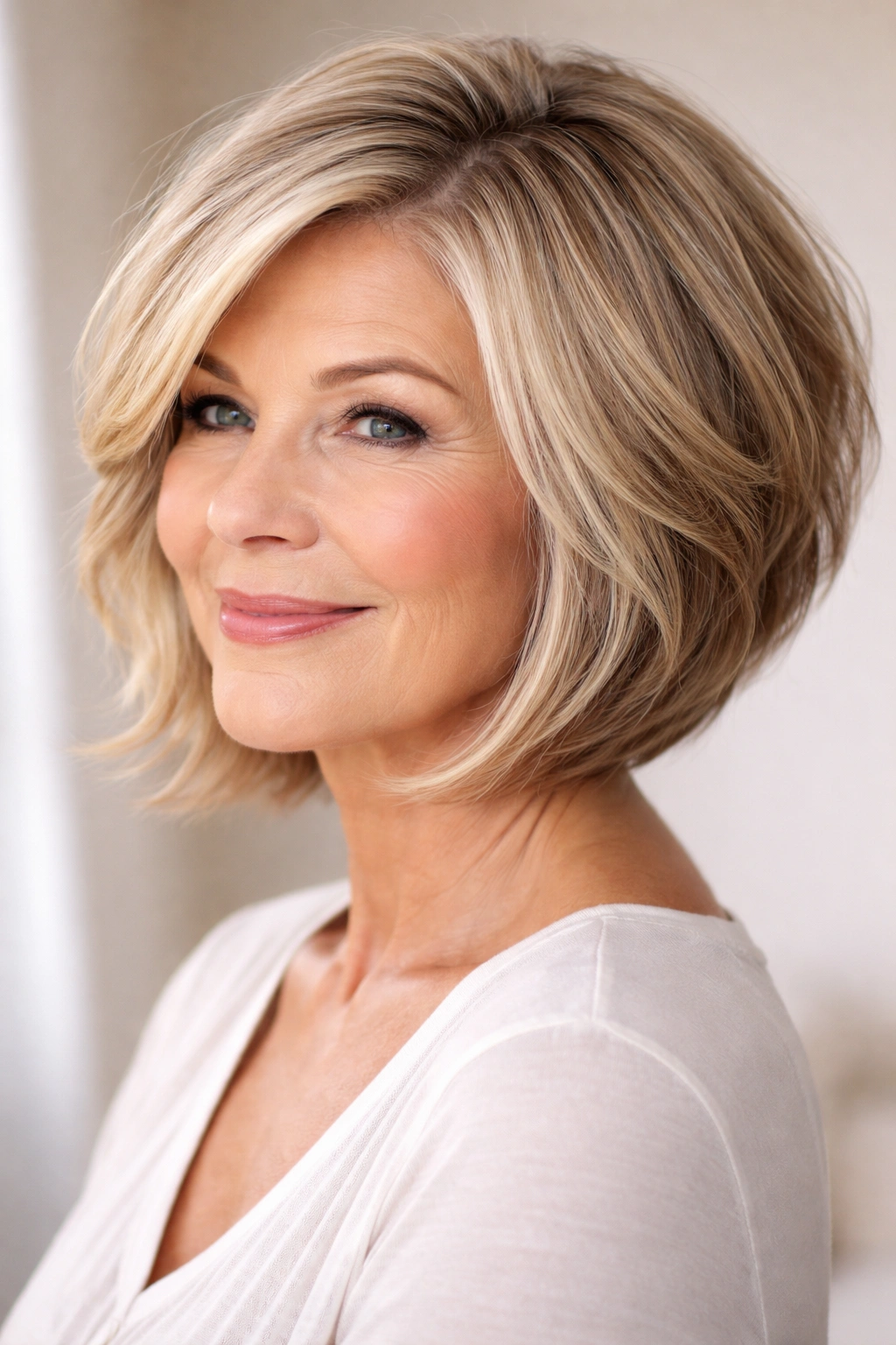 Three-quarter view of a woman with an angled bob and face-framing layers.