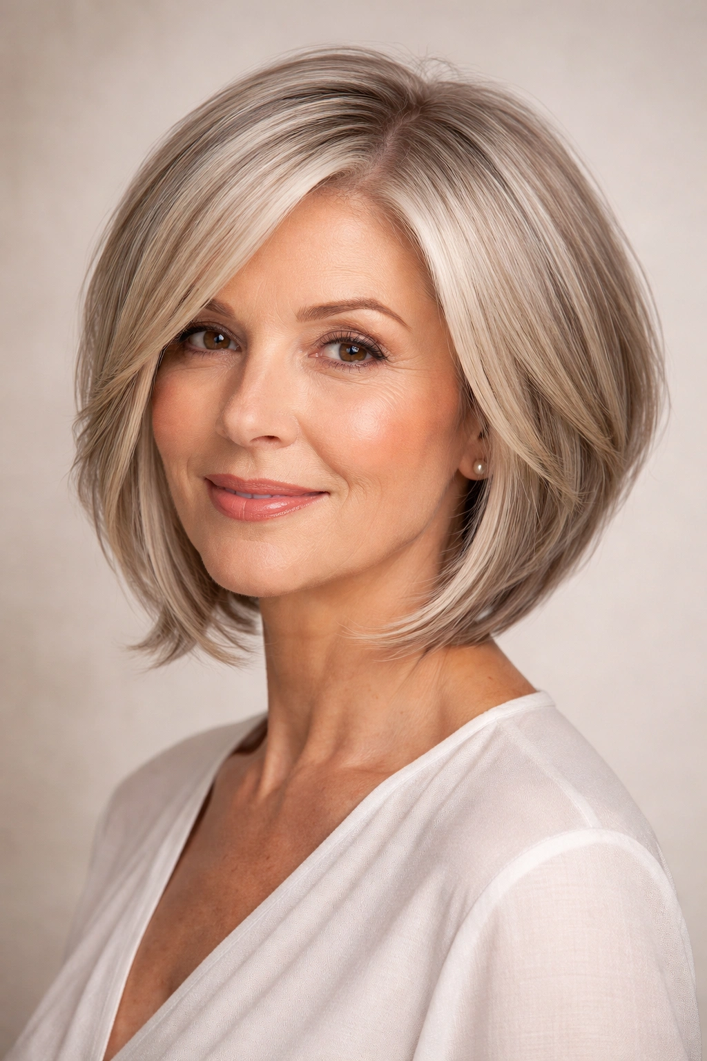 Three-quarter view of an angled bob with face-framing layers