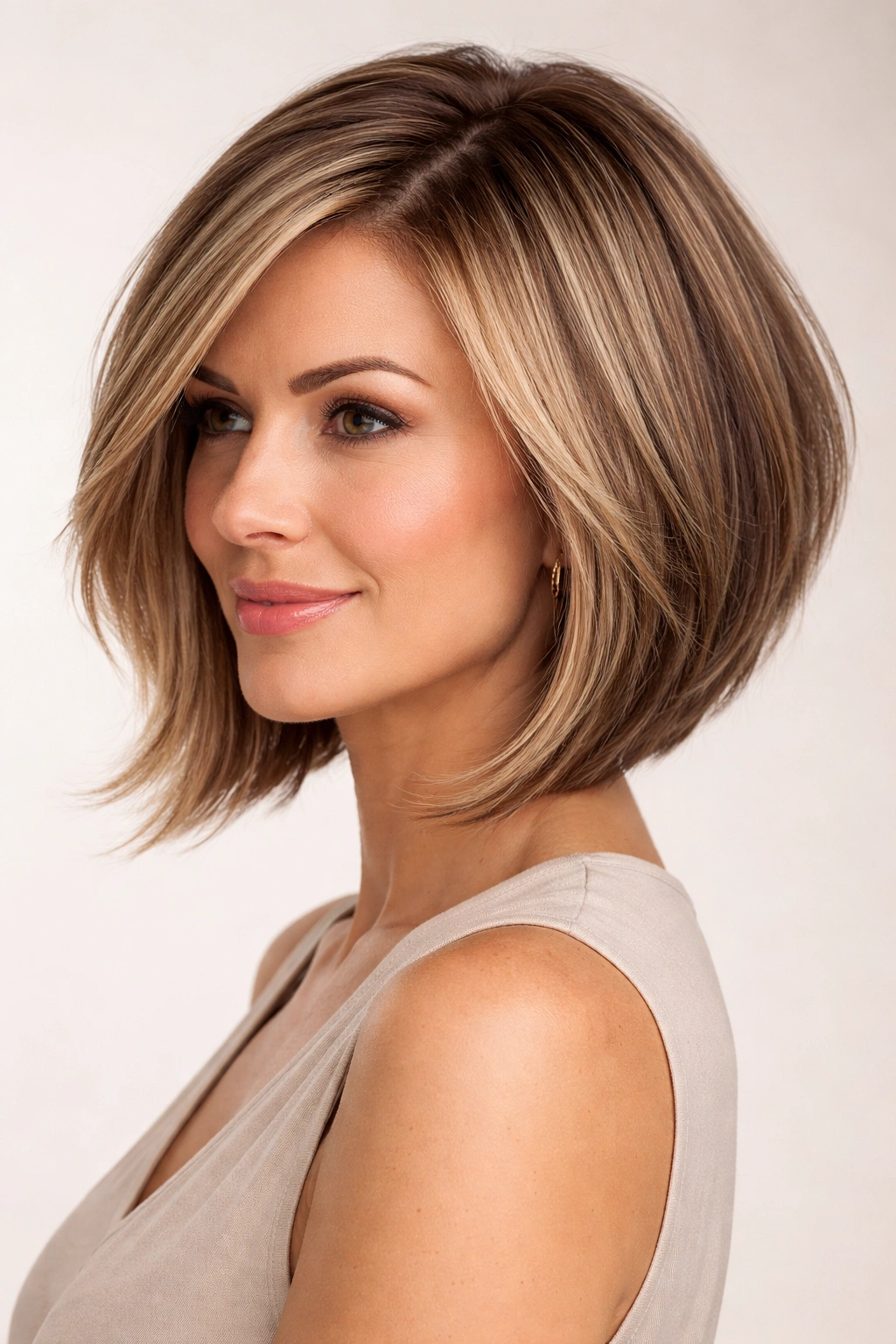 Close-up of angled bob with feathered ends on thick hair