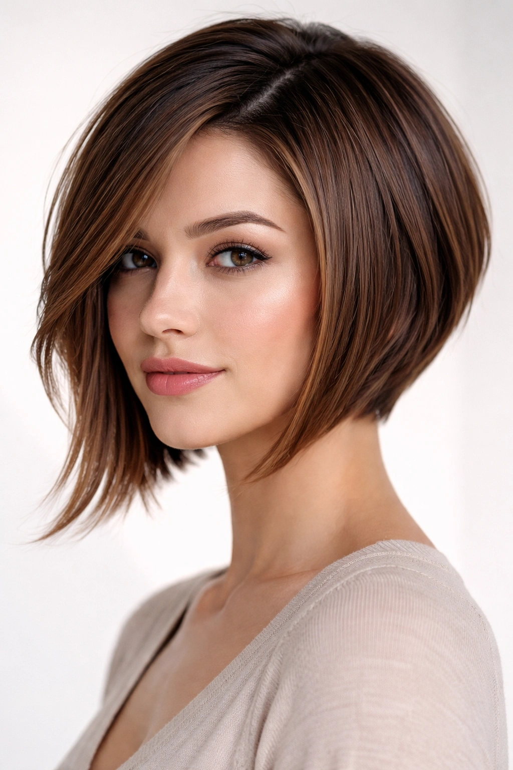 Angled bob hairstyle with forward layers