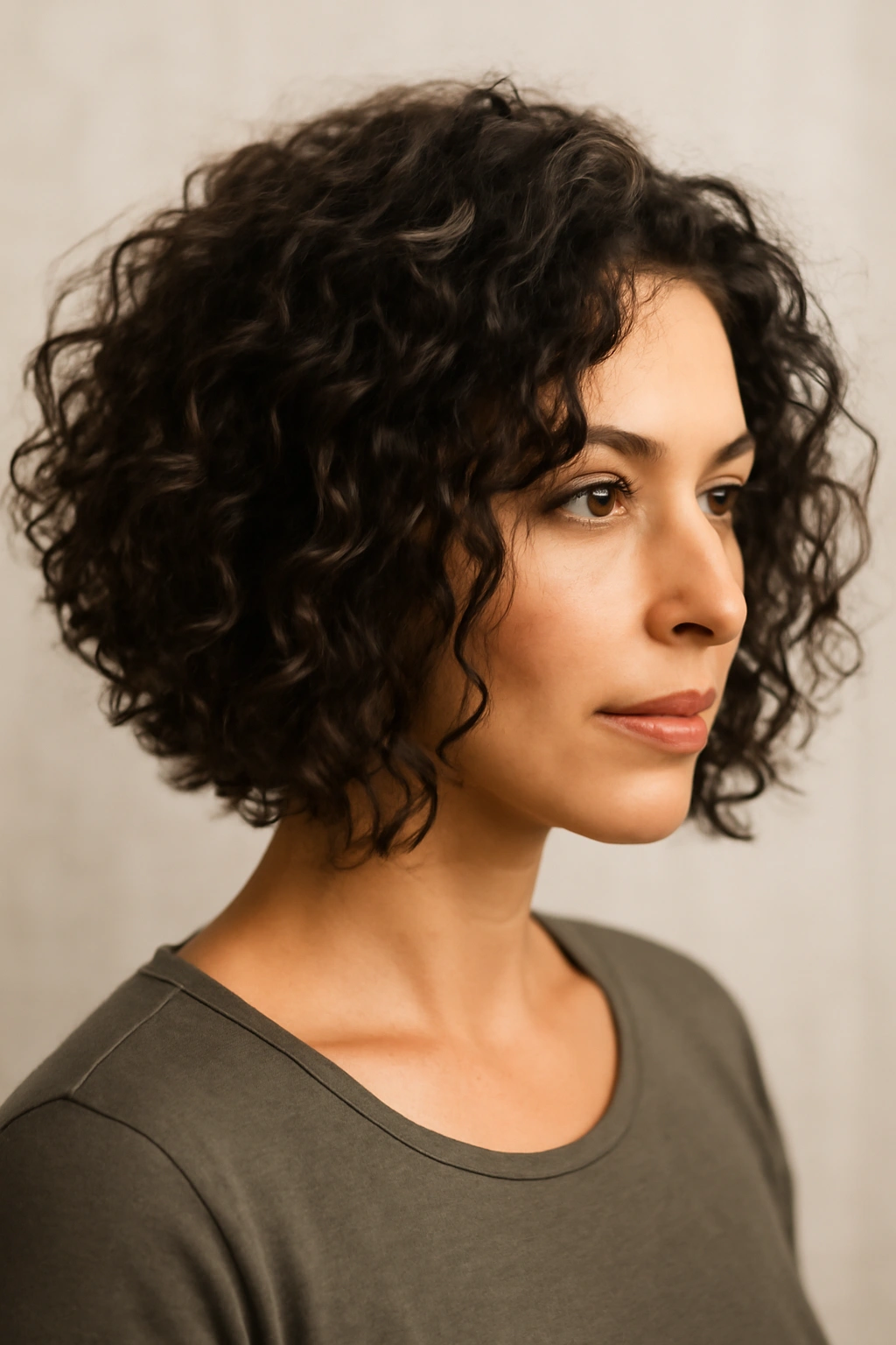 15 Gorgeous Bob Haircuts for Women With Curly Hair 12 Angled Bob With Longer Front Pieces: face-framing curls in angled bob in studio