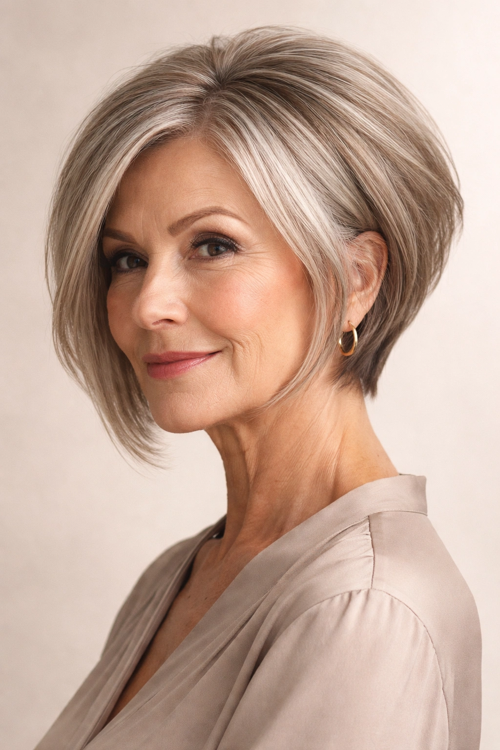 Angled bob haircut with longer front and shorter back on mature woman